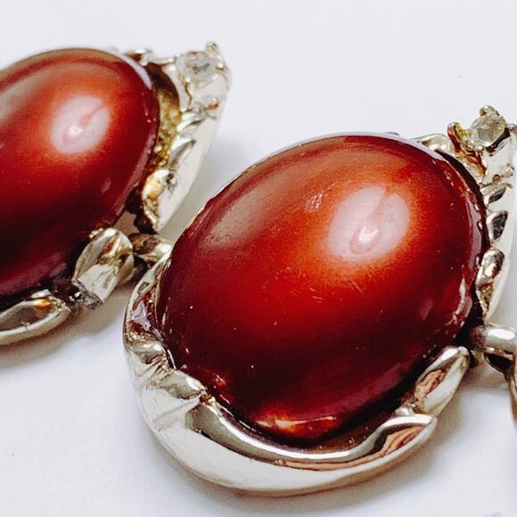 Vintage Mid Century Gold Tone Necklace Brown Cabochons Prong Set Rhinestones - Picture 8 of 16